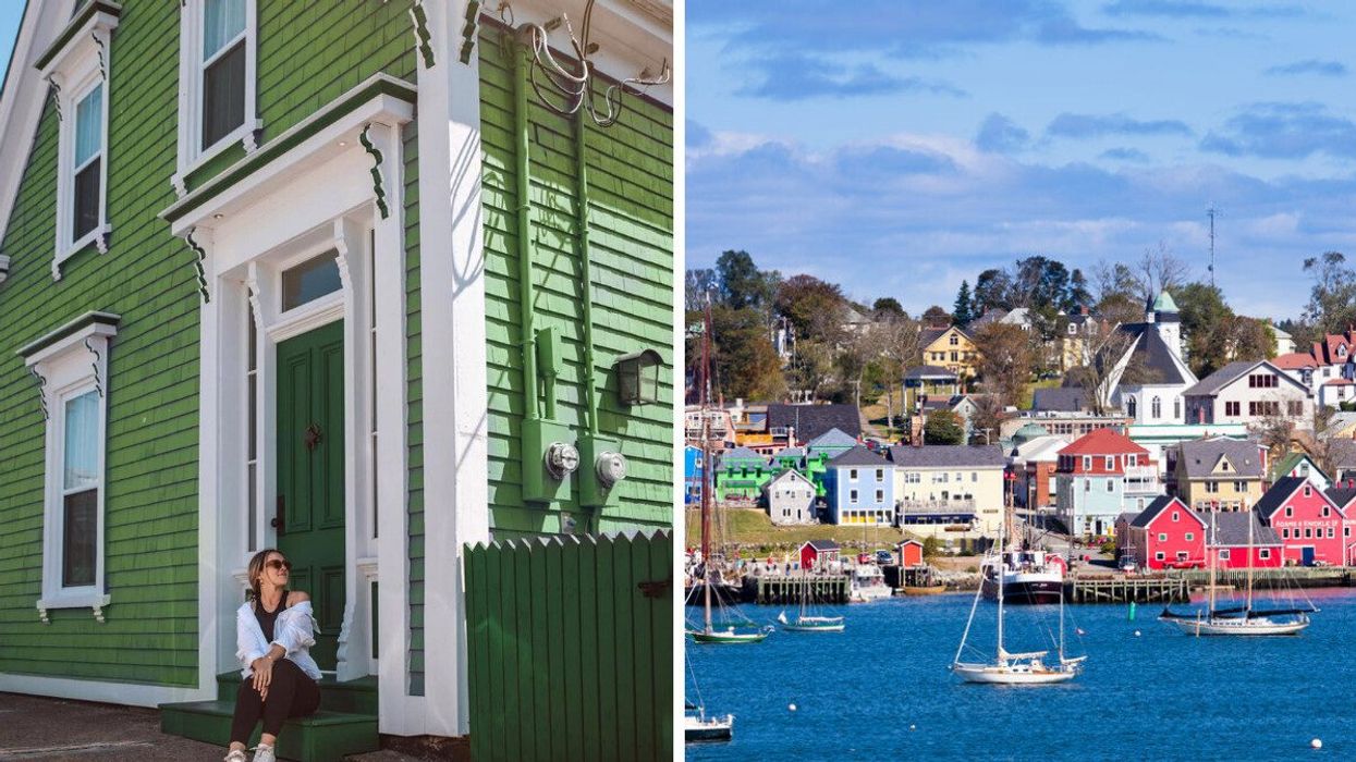 A woman sits by a colourful building in a village in Canada. Right: Colourful buildings by the water.