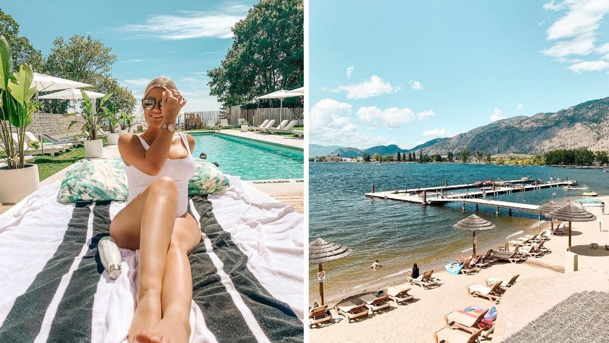 A woman sits by the pool at the Lakeside Motel. Right: The beach area at Walnut Beach Resort.