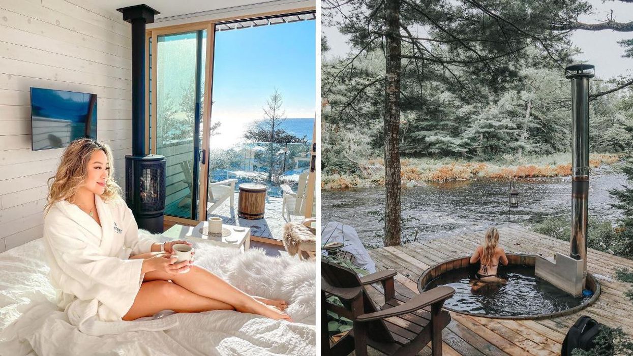 A woman sits in a room at White Point Beach Resort. Right: A woman soaks in an outdoor hot tub on a deck at Trout Point Lodge.
