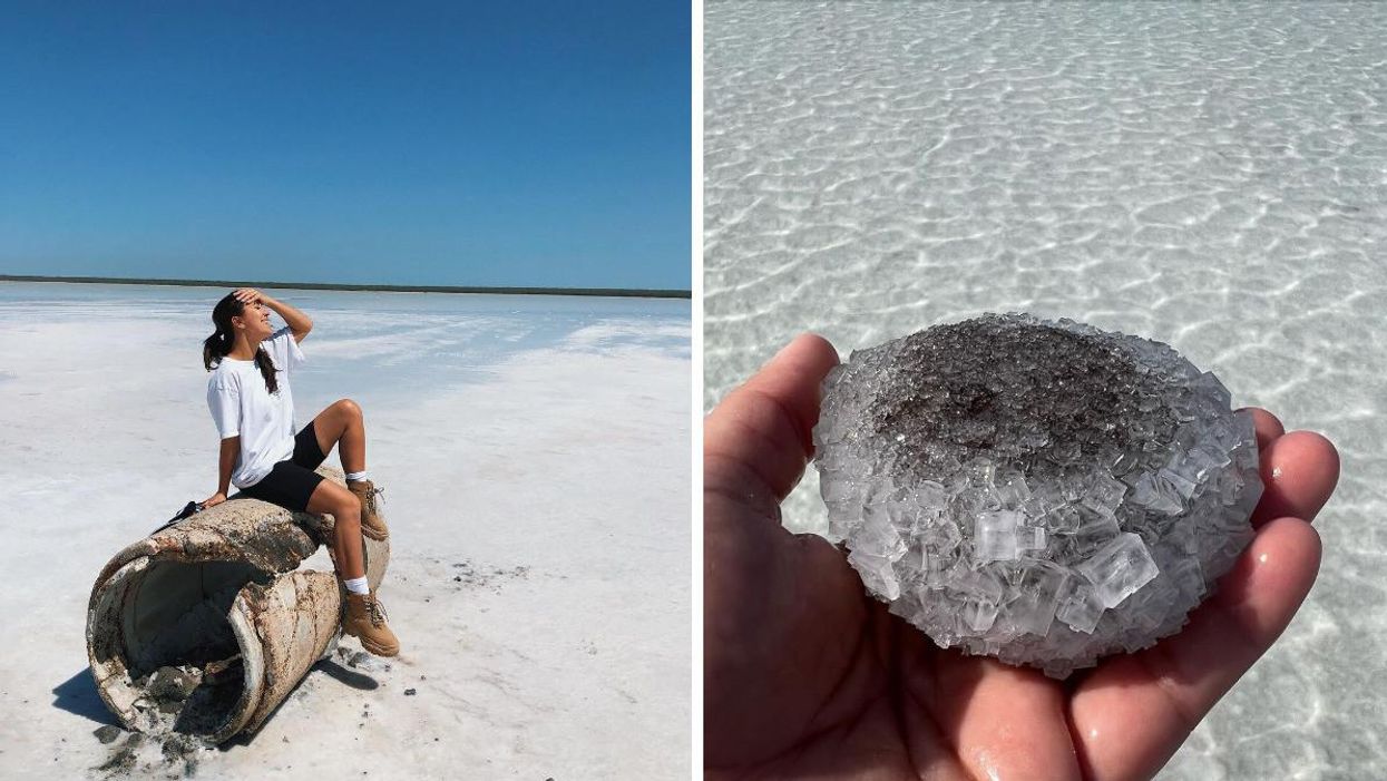 A woman sits in front of La Sal del Rey. Right: A salt crystal from La Sal del Rey.