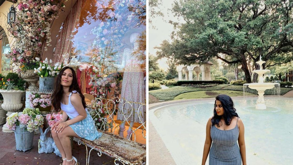 A woman sits in front of LoveShackFancy. Right: A woman stands in front of a fountain at Flippen Park.
