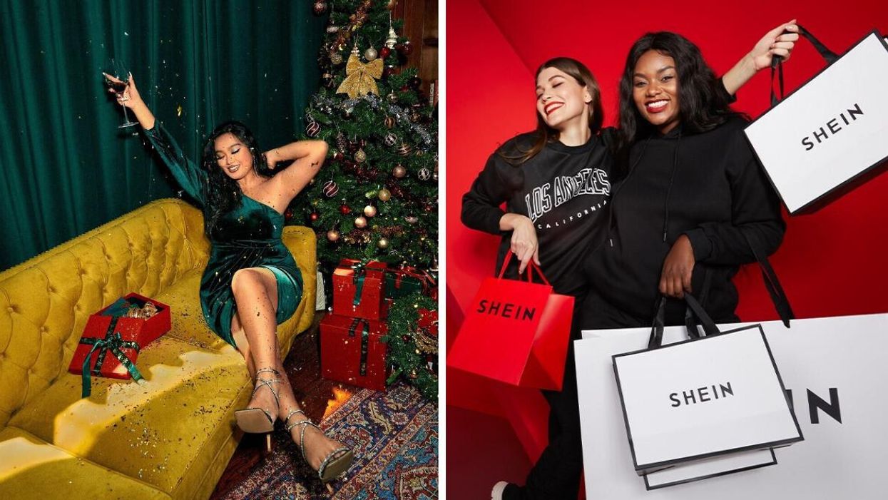 A woman sits on a couch in a green dress. Right: People hold SHEIN shopping bags.