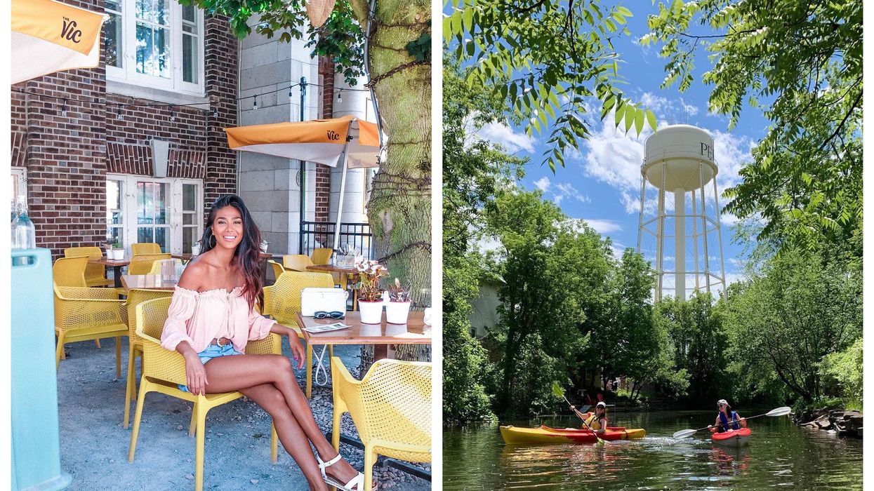 A woman sits on a patio in a small town in Prince Edward County. Right: Kayakers paddle along a river in eastern Ontario.