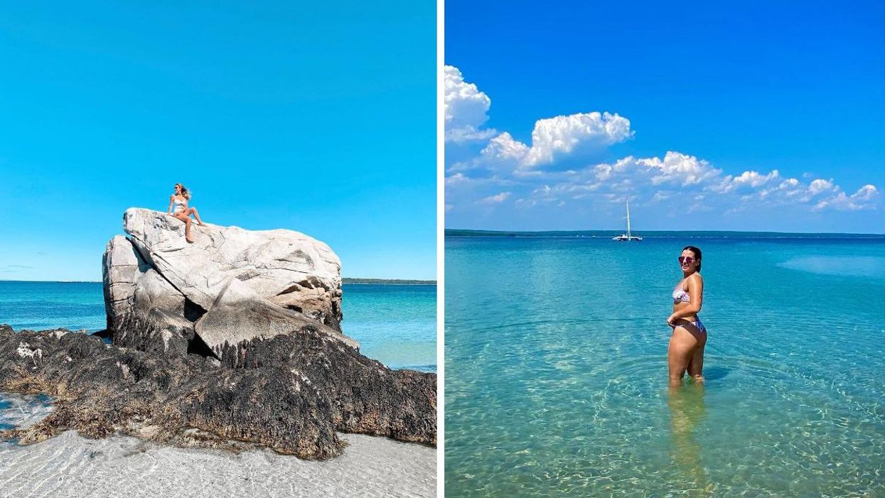A woman sits on a rock at Carters Beach. Right: A woman stands in the water at Carters Beach.