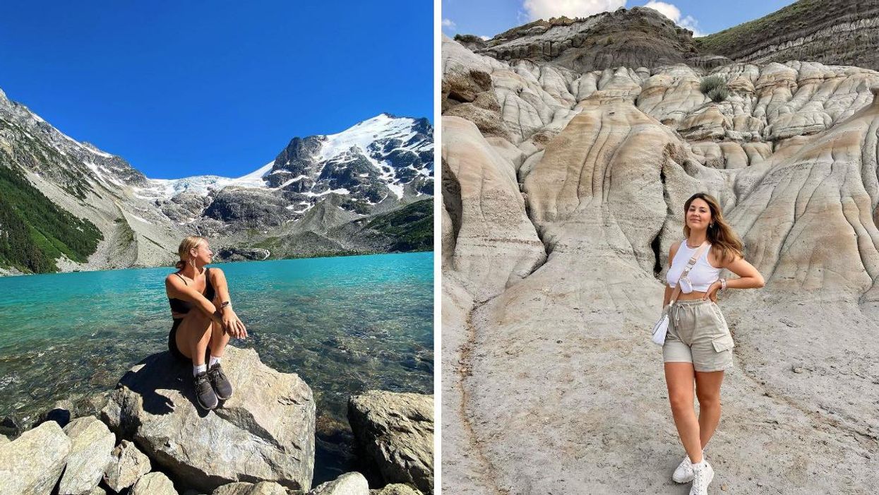 A woman sits on a rock at Joffre Lake. Right: A woman stands in the Canadian Badlands.