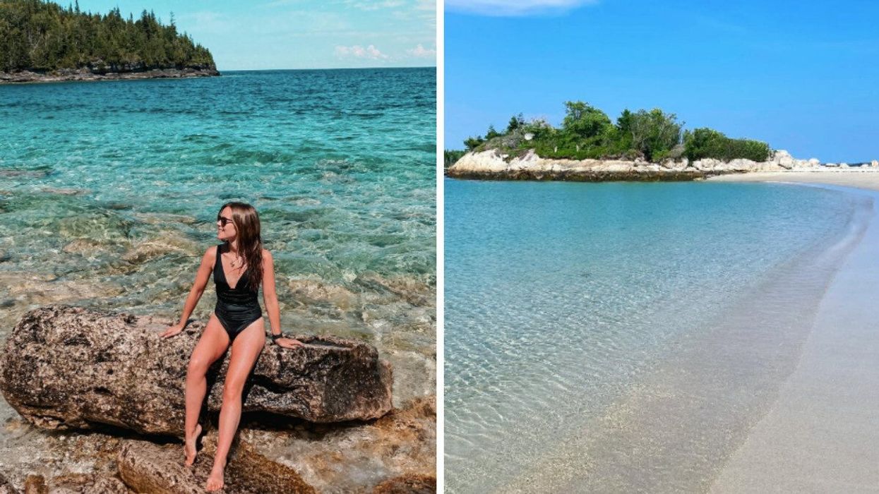 A woman sits on a rock in front of turquoise water. Right: An island with white sand is seen surrounded by clear blue water.