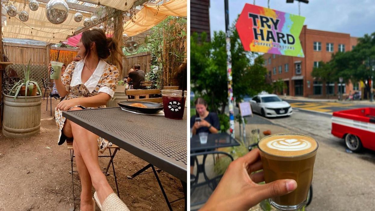 A woman sits on a table while holding a drink. Right: A person holding a coffee.