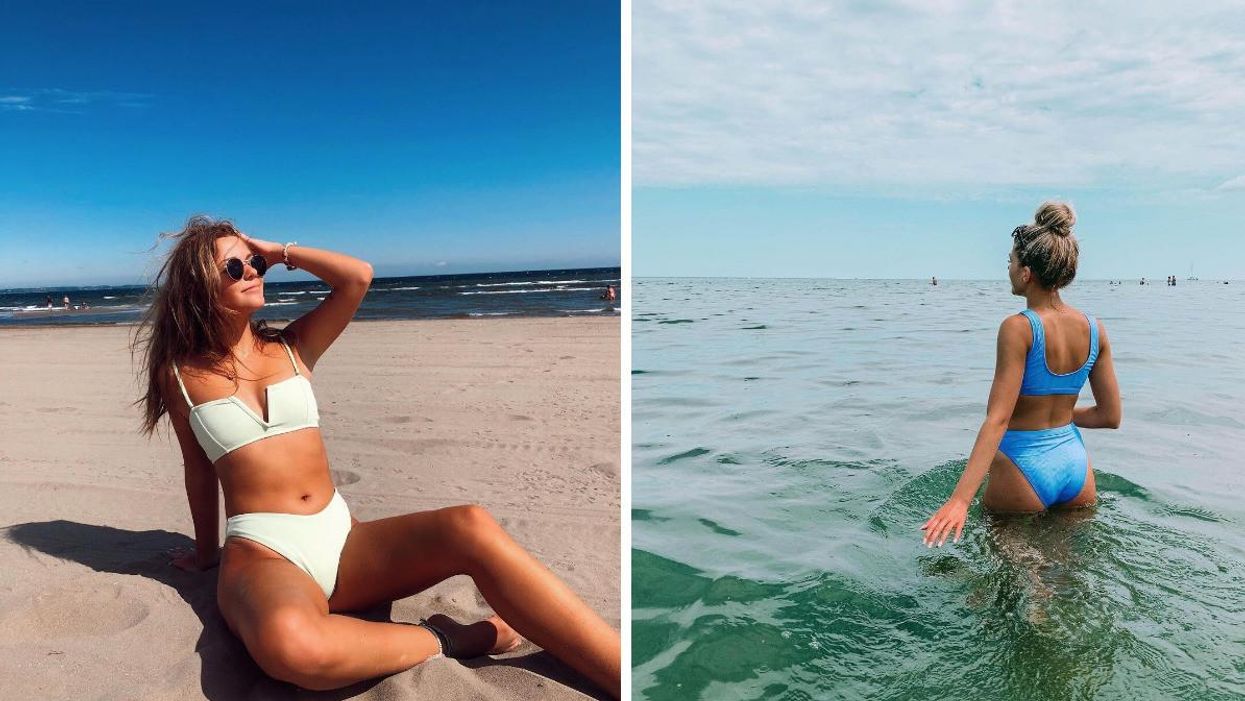 A woman sits on the sand at Parlee Beach. Right: A woman wades in the water at Parlee Beach.