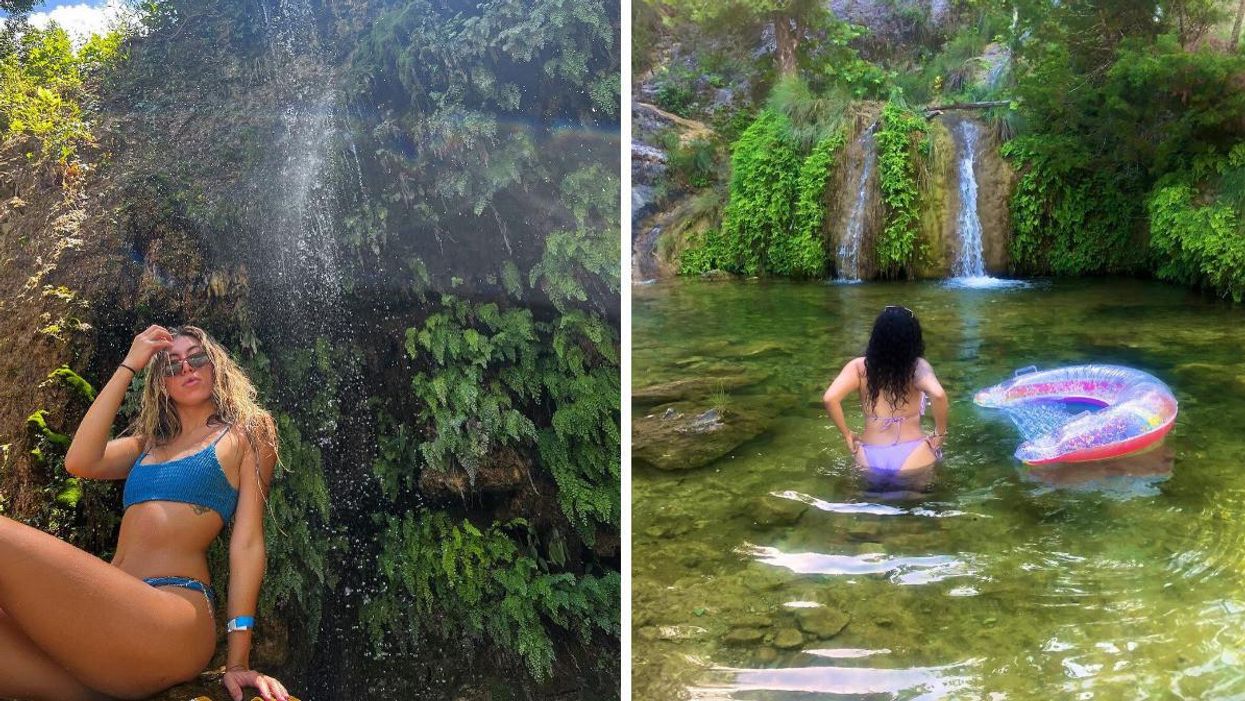 A woman sits underneath a waterfall at Krause Springs. Right: A woman sits in a pool beneath Gorman Falls.