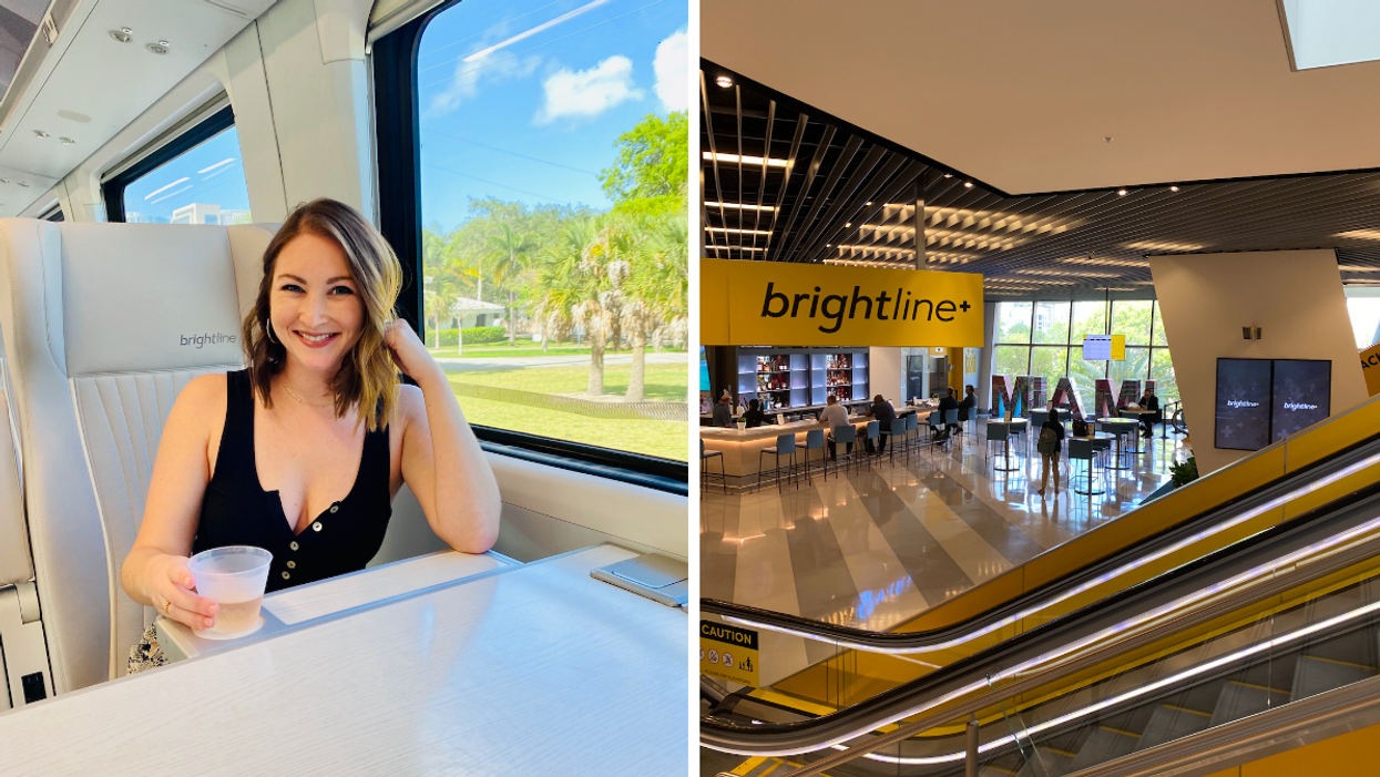 A woman sitting at a table on a train with a drink. Right: The Brightline Miami train station interior.