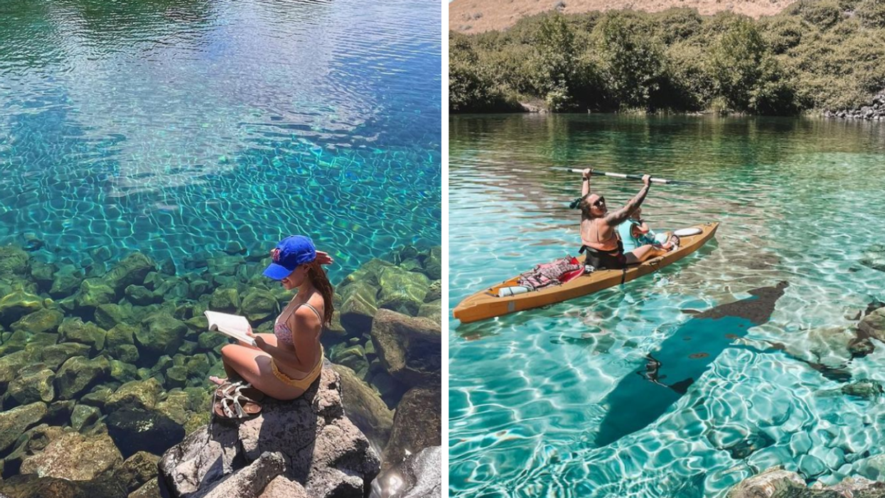 A woman sitting at swimming hole. Right: A woman kayaking in clear water.