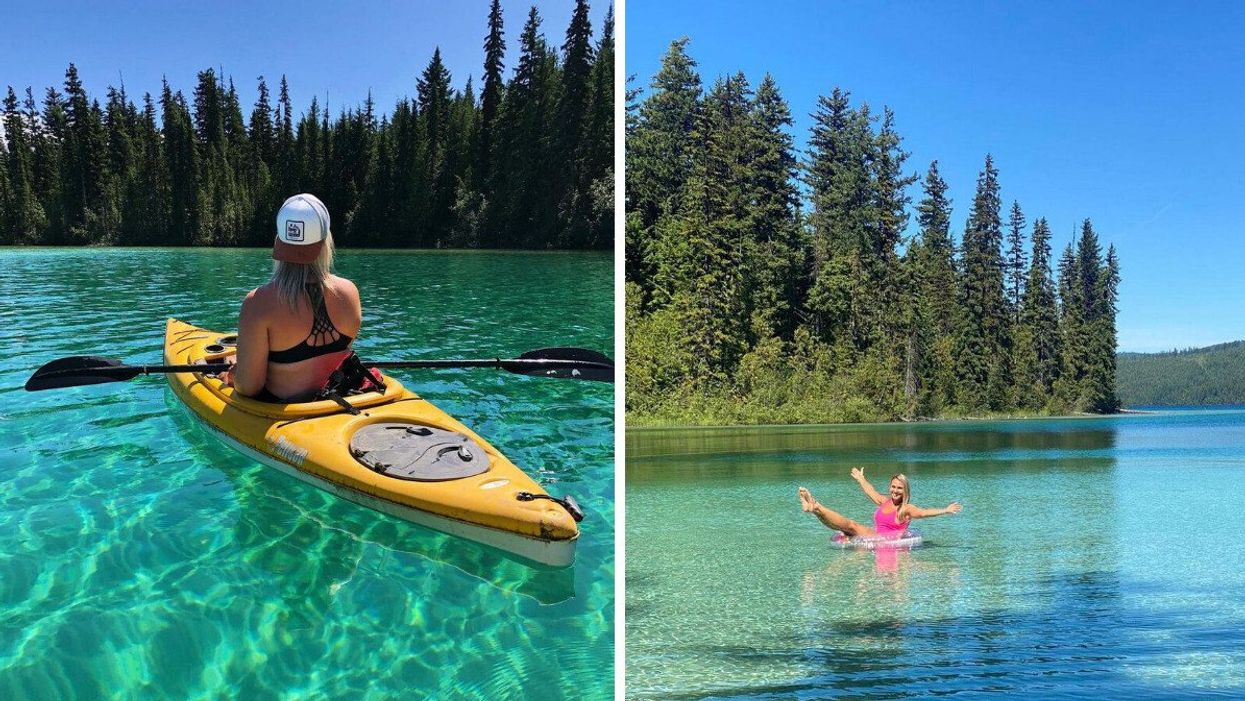 A woman sitting in a yellow kayak on turquoise water and surrounded by trees. Right: A woman in a pink bathing suit sitting on an inflatable tube with her arms up in the air.