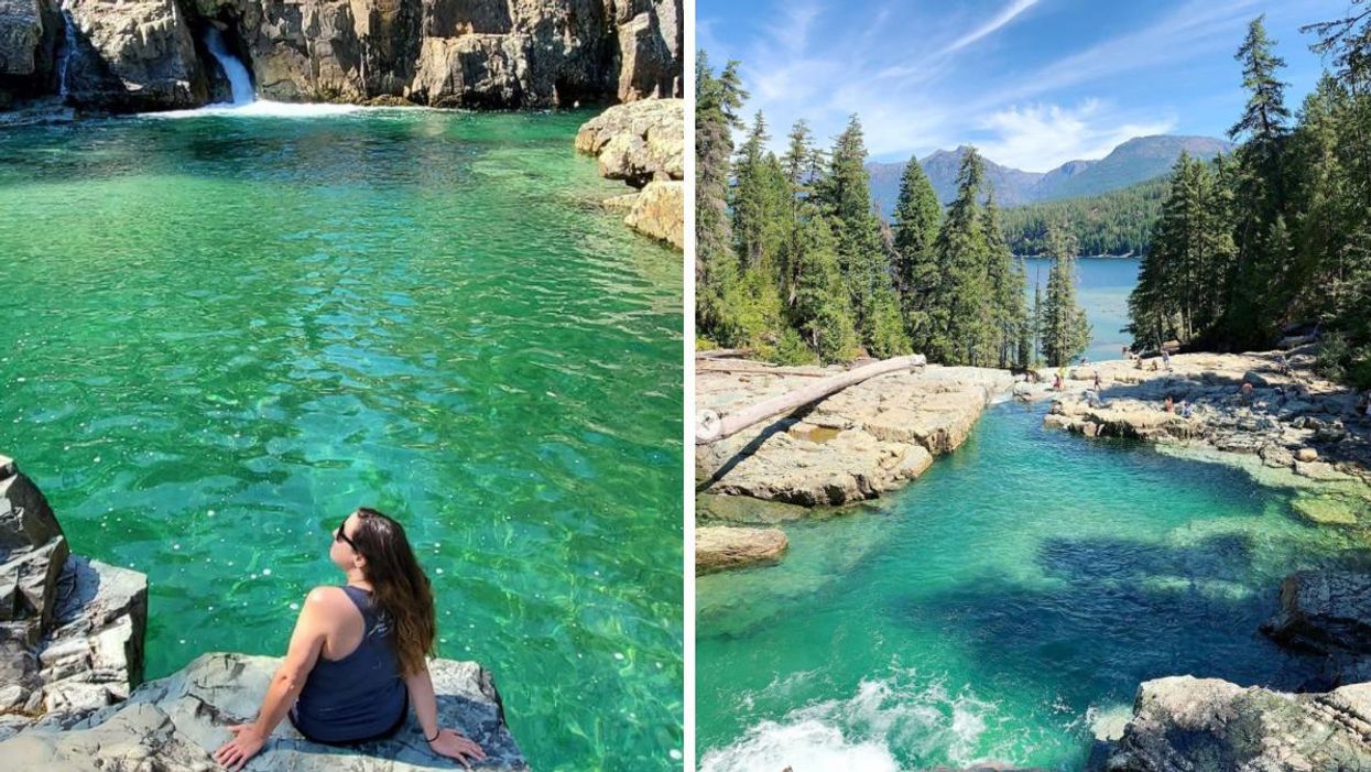 A woman sitting in front of the water. Right: view of the water, trees and mountains.