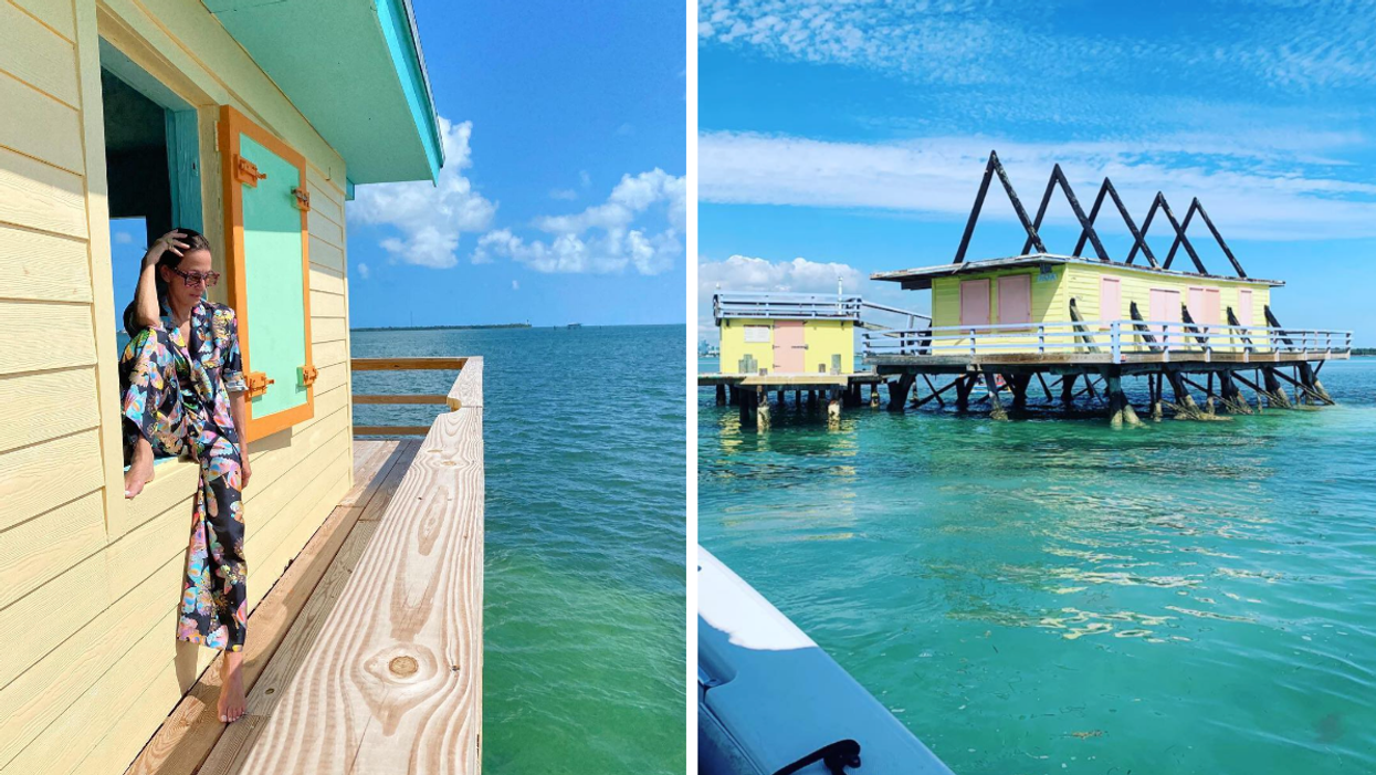 A woman sitting in one of the stilt buildings. Right: A Stilt building.