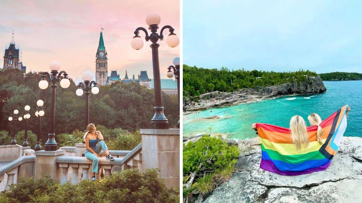 A woman sitting in Ottawa, Ontario. Right: Two woman sitting by the water.