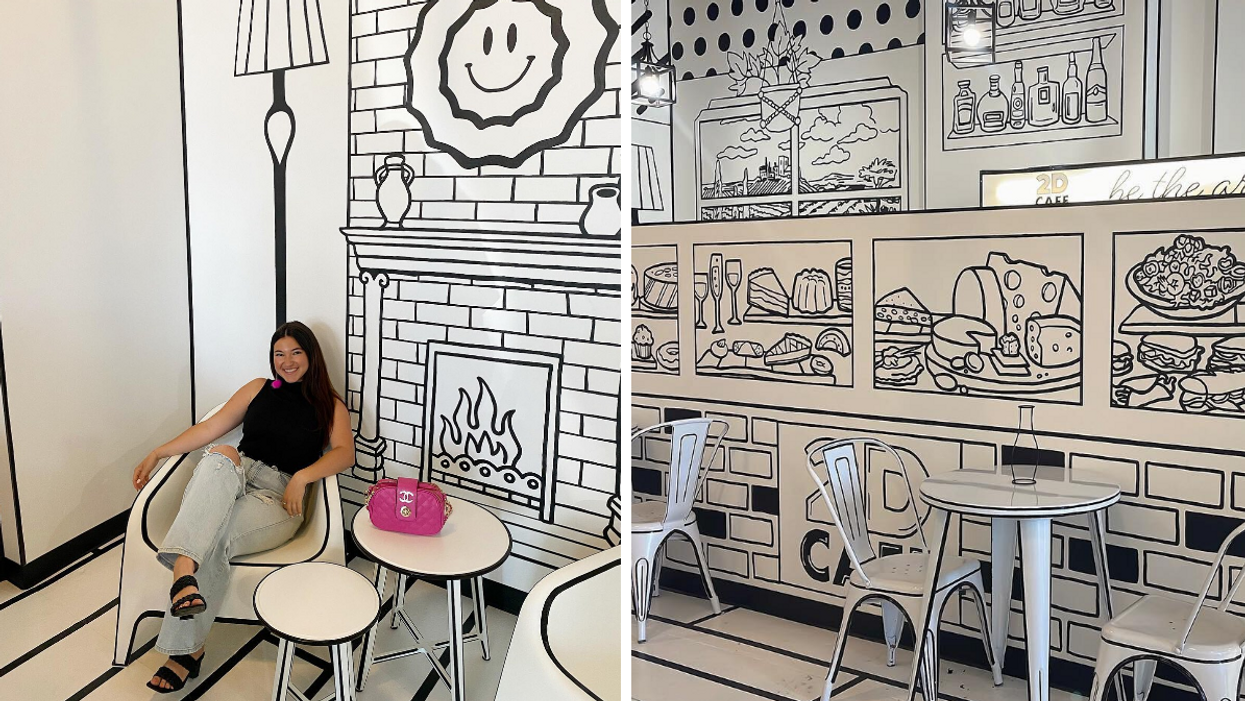 A woman sitting in the 2D Café. Right: Inside the 2D Cafe in St. Petersburg, Florida.