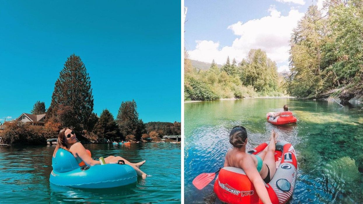A woman sitting on a blue inflatable tube on a lake smiling at the camera. Right: Two people in red inflatable boats on a lake.