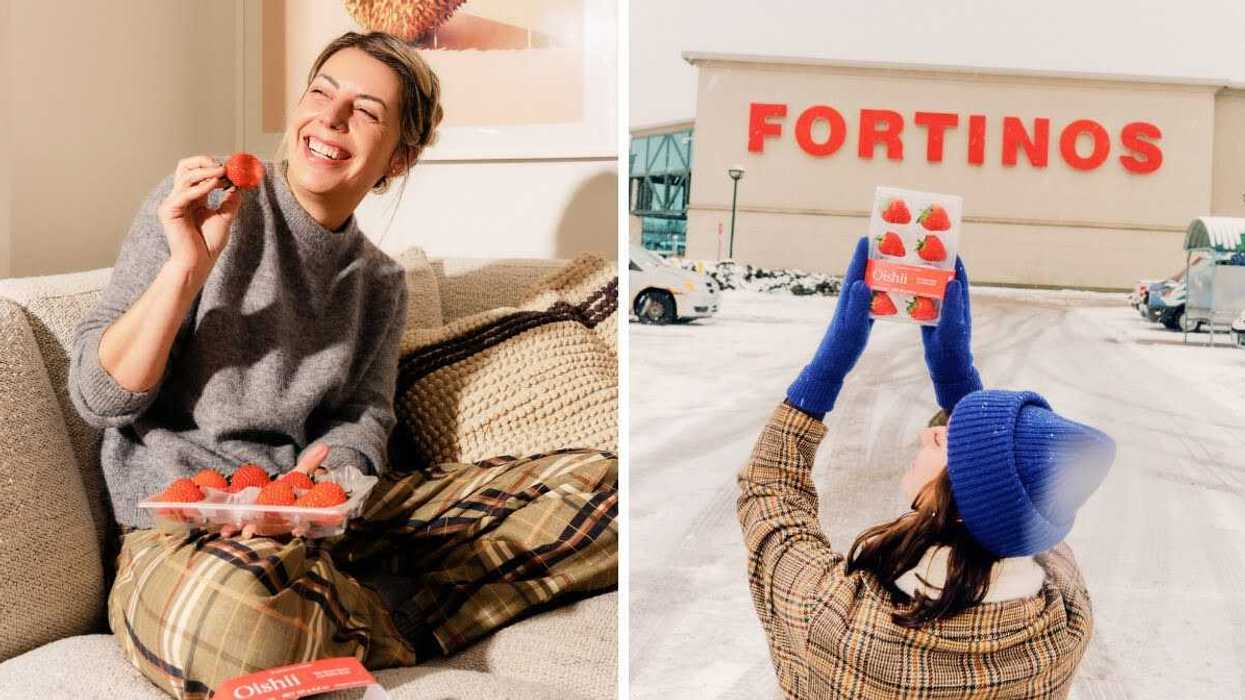 A woman sitting on a couch holding a container of Oishii Koyo Berries. Right: A person holds up a container of Koyo Berres in a Fontinos car park.