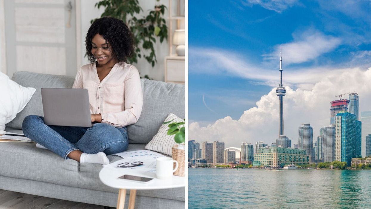A woman sitting on a couch. Right: The CN Tower in Toronto