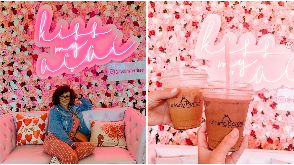 A woman sitting on a couch with pink neon lights in the back reading 'kiss my açai.' Right: Two hands holding up iced coffees against a pink background.