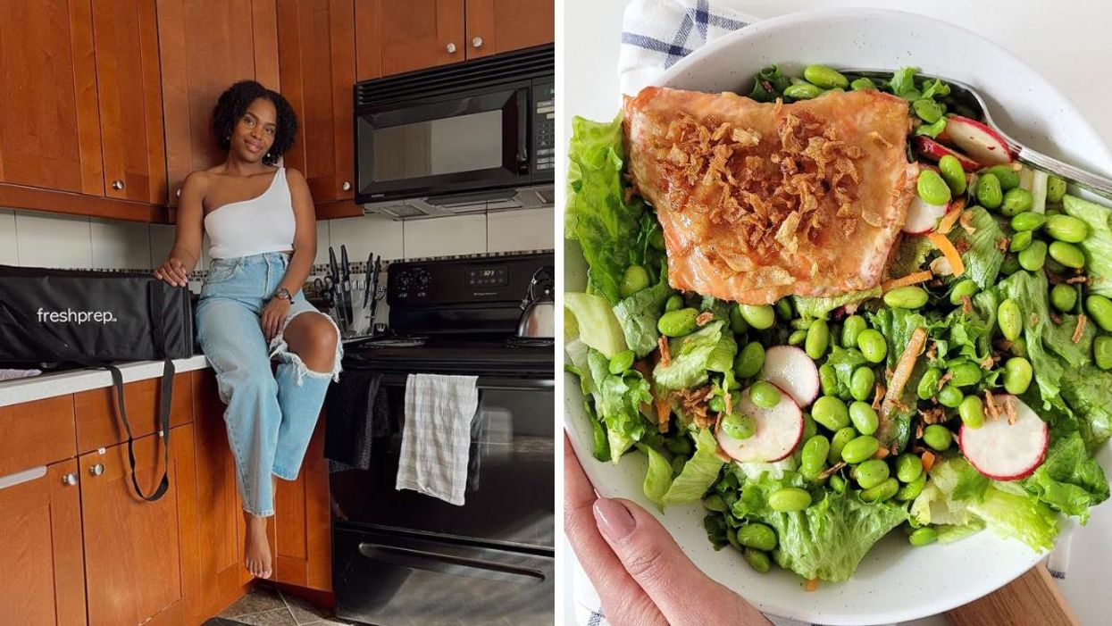 A woman sitting on a counter beside a Fresh Prep meal kit. Right: Fresh Prep meal.
