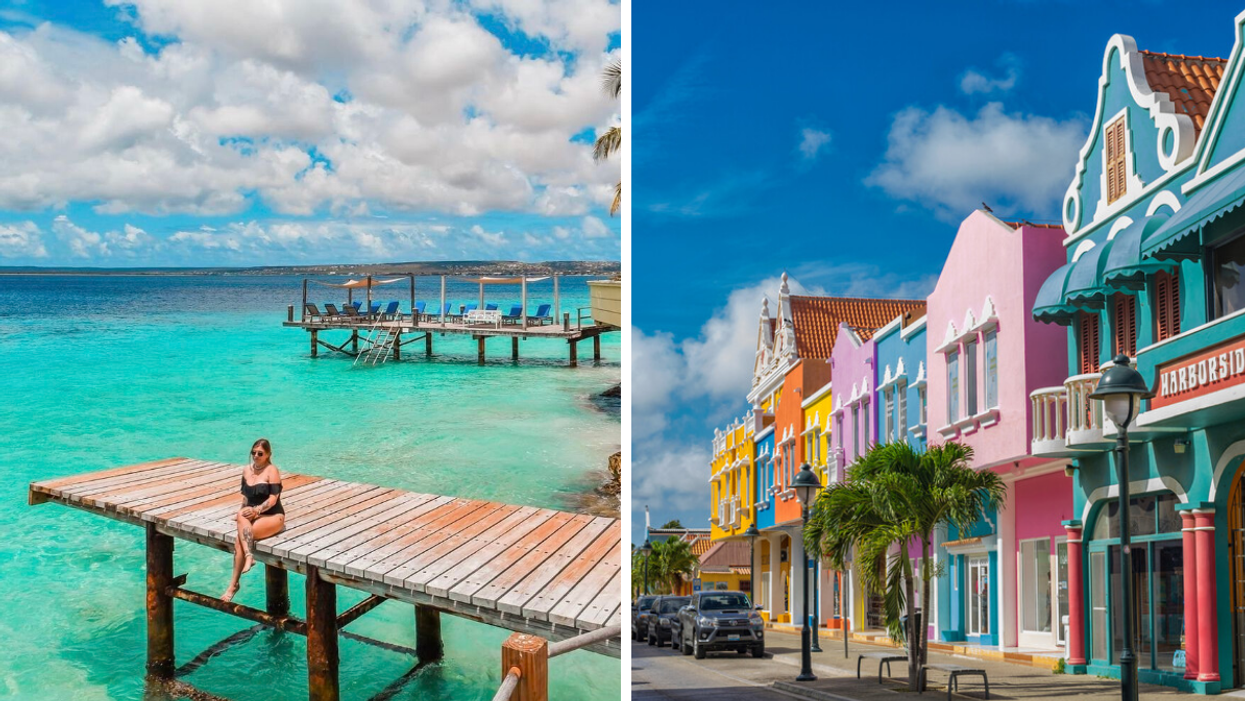 A woman sitting on a dock in Bonaire. Right: A street in Bonaire.