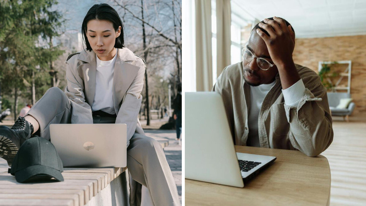 A woman sitting on a park bench working on a laptop. Right: A man rests his head in his hand while looking worried at a laptop.