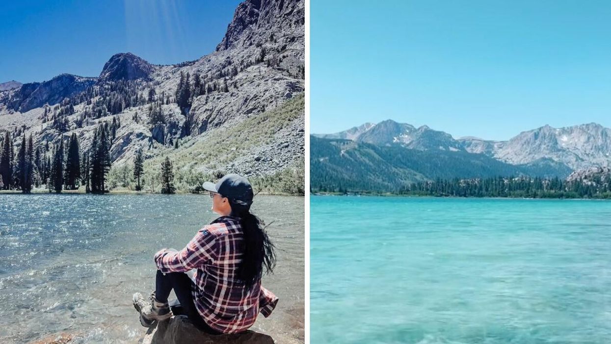 A woman sitting on a rock at June Lake in California. Right: The mountains and water at June Lake in California.