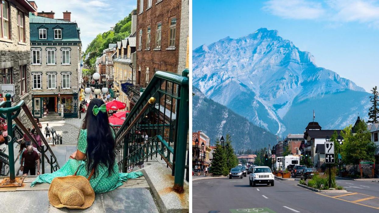 A woman sitting on a staircase in Quebec City. Right: A mountain looms over a town in Alberta.