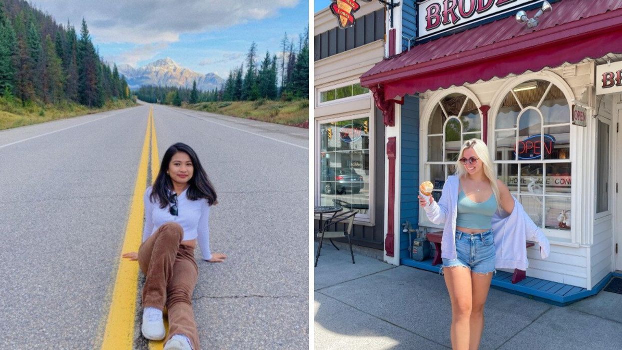 A woman sitting on the centerline of a scenic road surrounded by forests and mountains along Canada’s Route 66. Right: A woman smiling while holding an ice cream cone in front of a vintage-style shop in Port Stanley, Ontario.