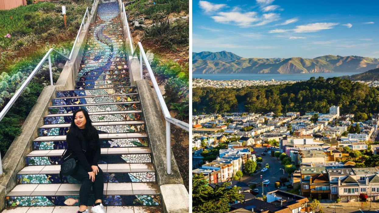 A woman sitting on the tiled staircase. Right: The view from Grandview Park in San Francisco, CA. 