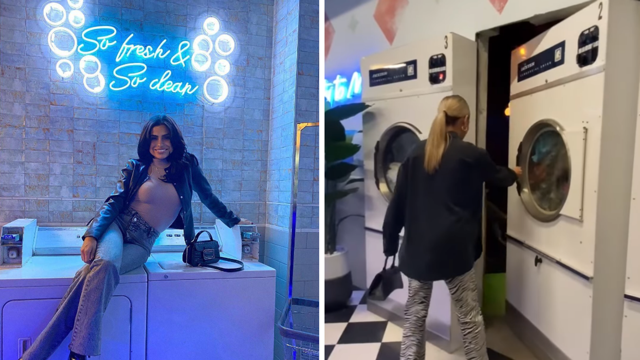 A woman sitting on top of a laundry machine. Right: A woman walking to the "Dirty Laundry" speakeasy.