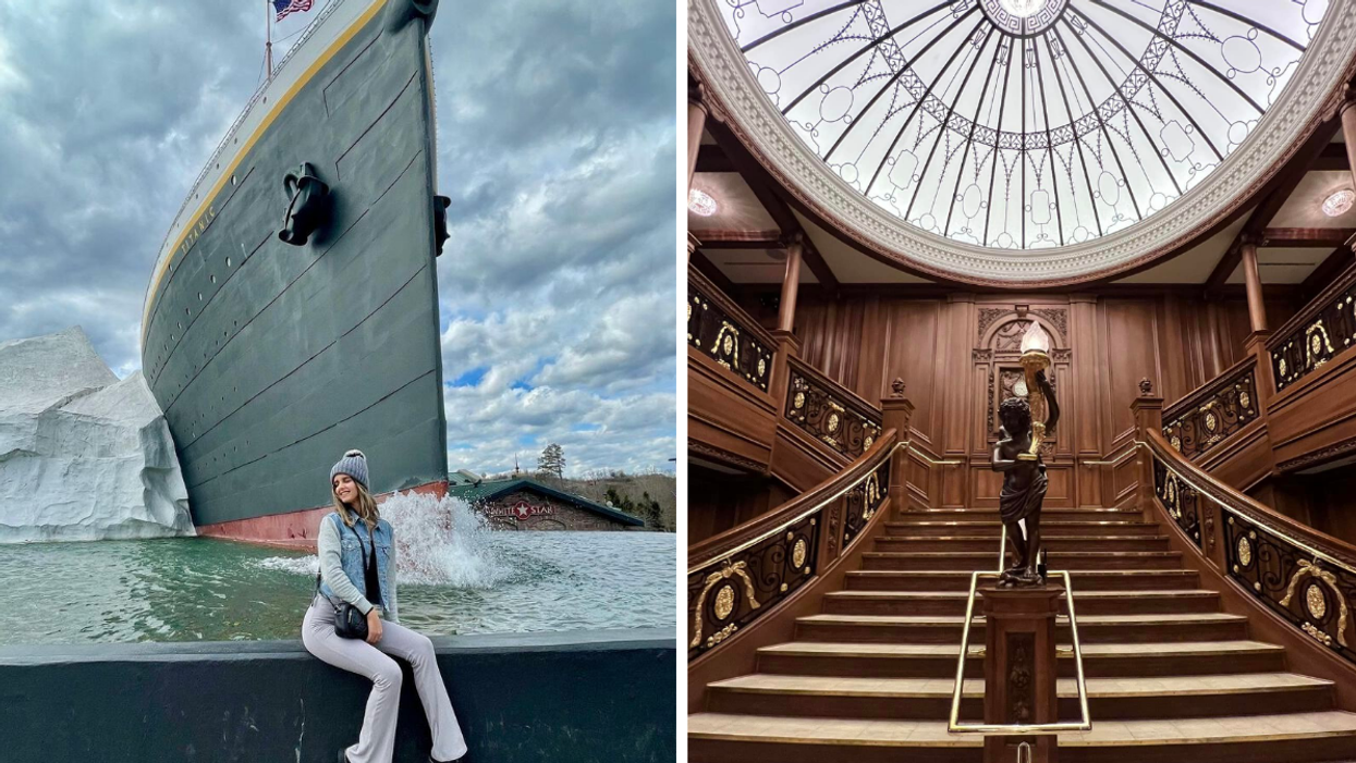A woman sitting outside the Titanic Museum Attraction. The staircase inside the Titanic Museum Attraction.
