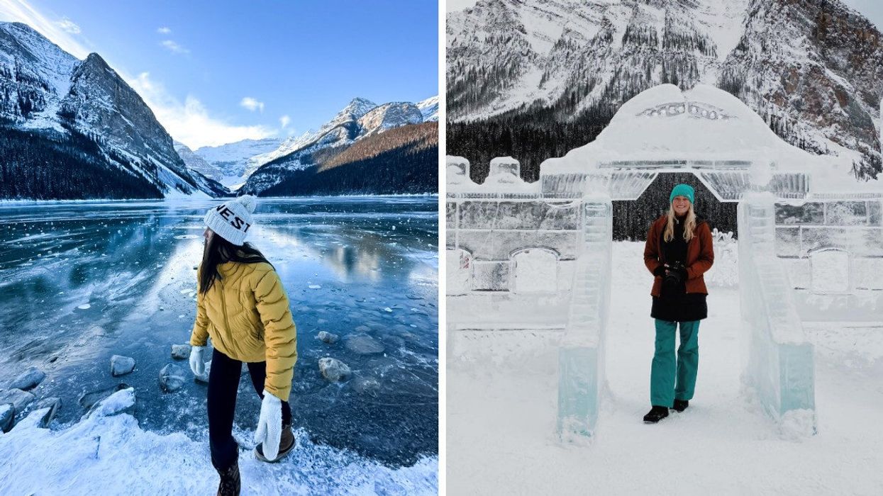 A woman skates on Lake Louise in the winter. Right: A woman smiles, surrounded by ice sculptures in Banff, Alberta.