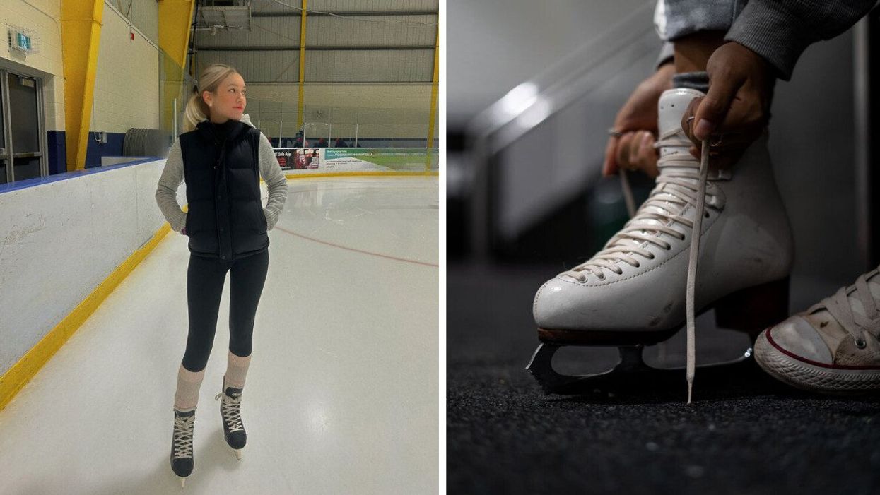 A woman skates on the ice at an indoor rink. Right: A closeup of a hands lacing up figure skates.