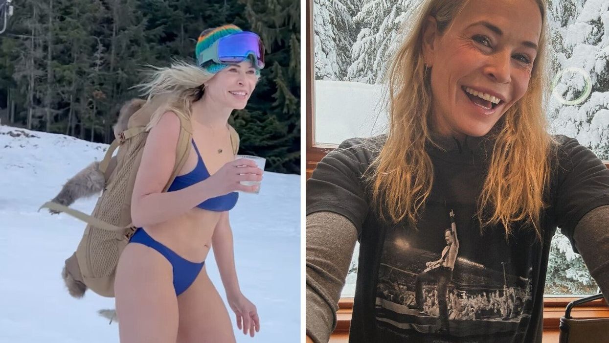 A woman skiing down a mountain with a drink in hand and a dog on her back. Right: A woman smiling for a selfie.