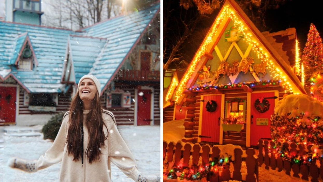 A woman smiles among snow. Right: Santa's Workshop in North Pole, New York.
