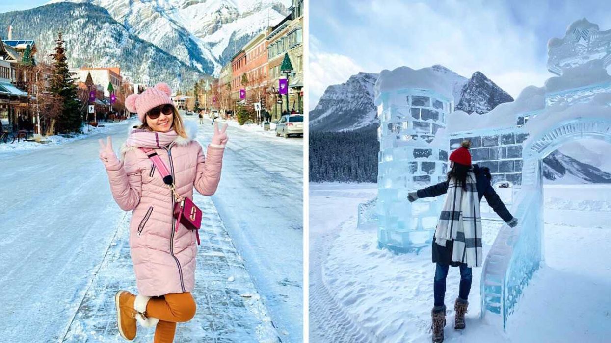A woman smiles and poses in Banff, Alberta. Right: A person poses beside a giant castle ice sculpture.