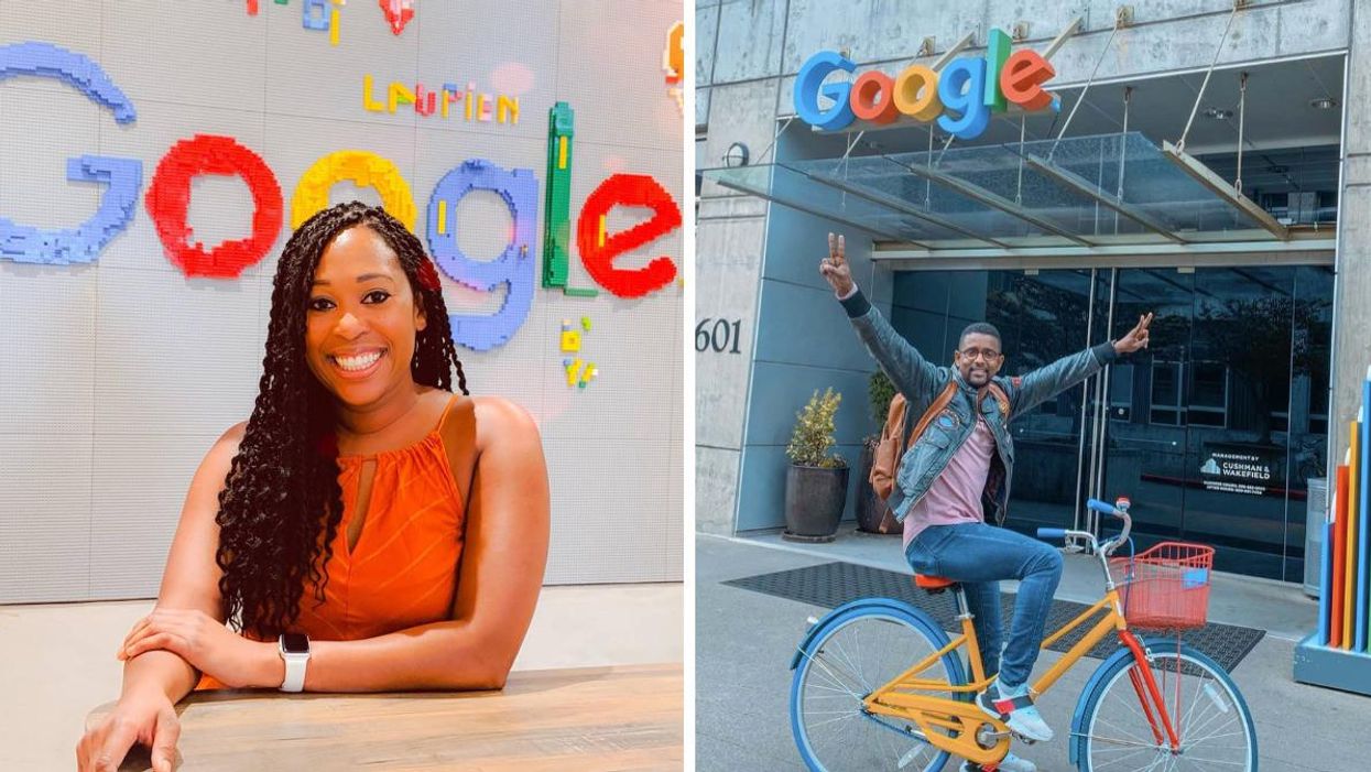 A woman smiles at a desk in front of a Google sign. Right: A man on a bicycle smiles outside of a Google office building.