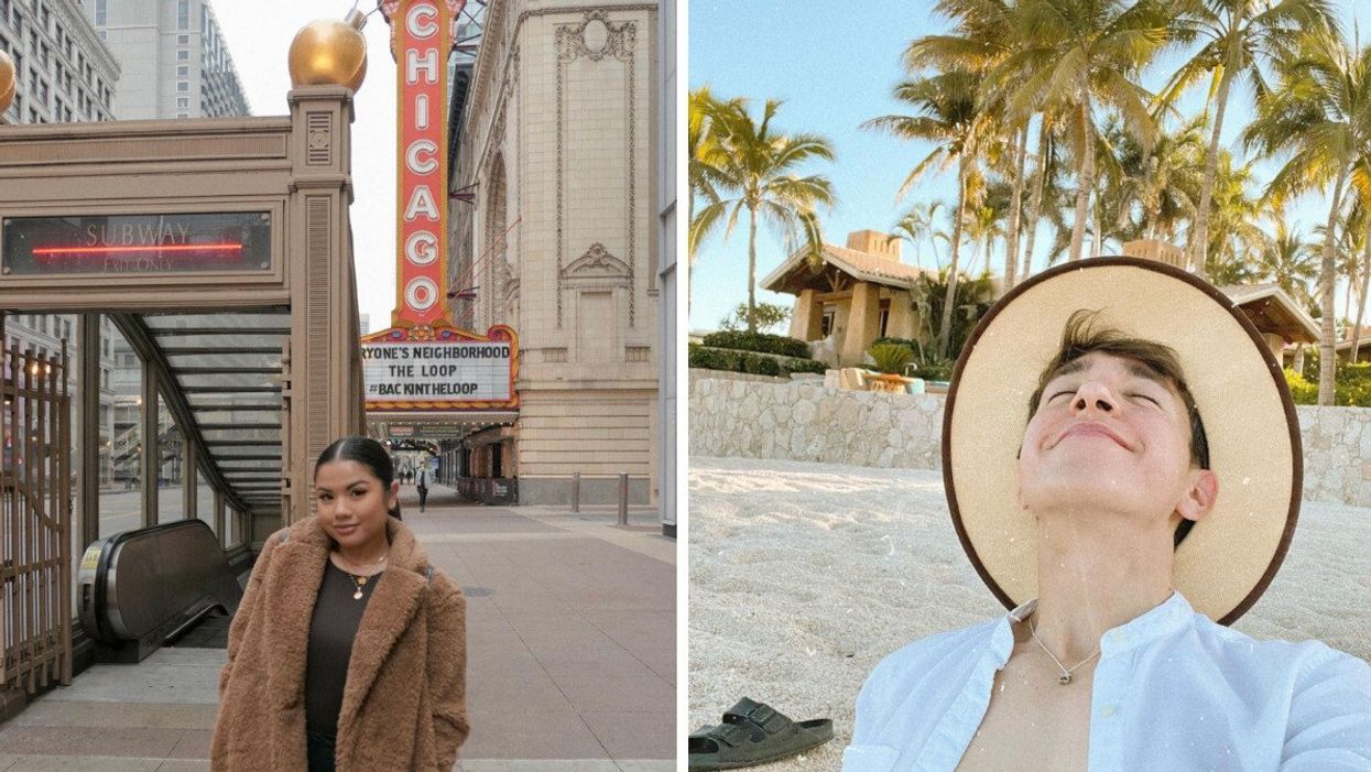 A woman smiles at the camera in Chicago. Right: A person smiles in the sun on a beach in Mexico.