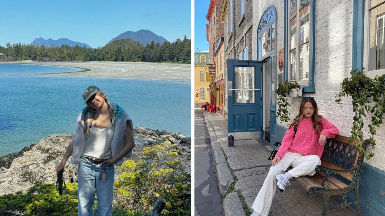 A woman smiles beside the water in Tofino, BC. Right: A woman poses in Quebec City.