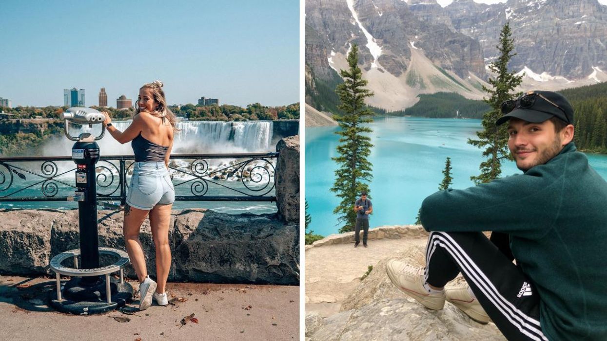 A woman smiles in front of Niagara Falls. Right: A man smiles beside Moraine Lake.