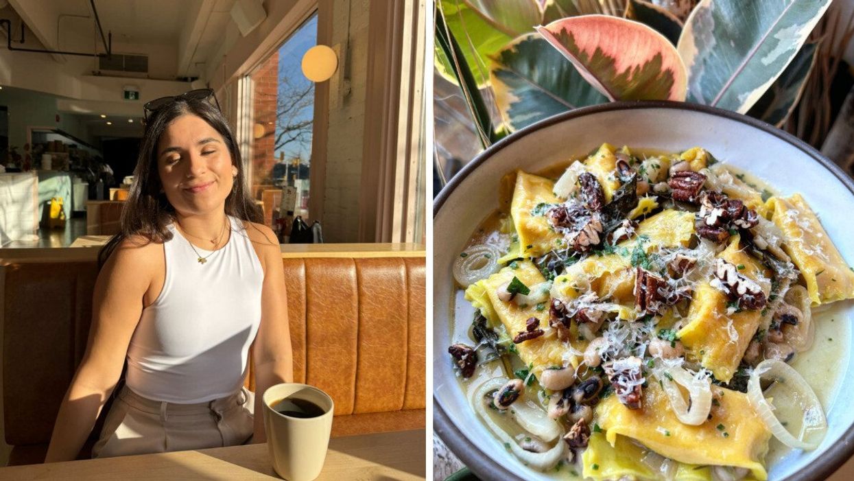 A woman smiles in the sunlight in a cafe. Right: A delicious-looking bowl of pasta from Citizen, Ottawa.