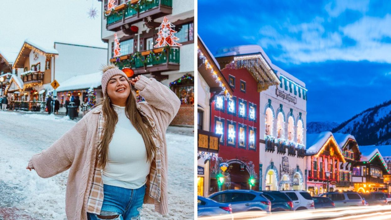 A woman smiles on a street in a cozy small town. Right: A town street glowing during the holidays with lights.