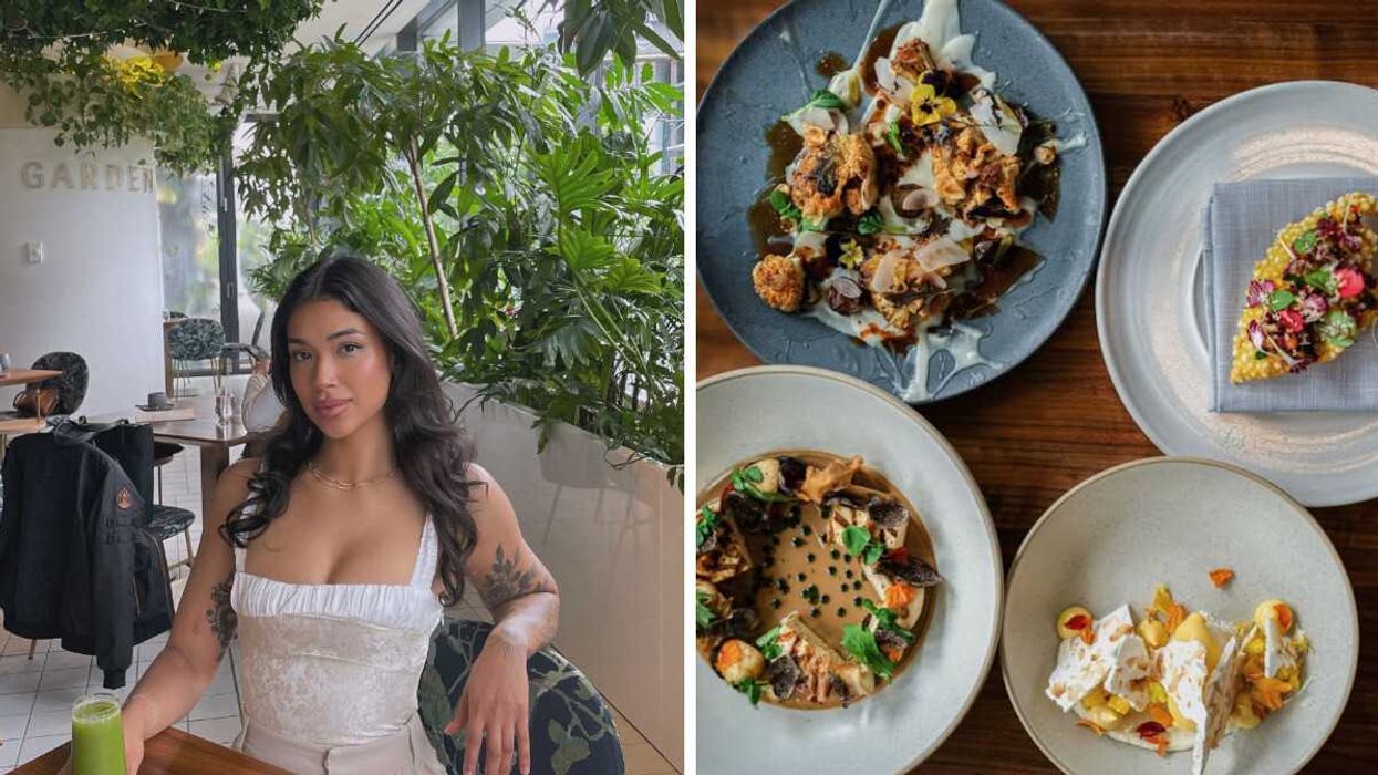 A woman smiles, surrounded by greenery, at Botanist in Vancouver. Right: A selection of beautifully-presented dishes at Botanist.