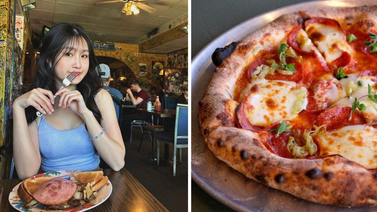 A woman smiles while dining at Bon's Off Broadway in Vancouver. Right: A close-up shot of a margherita pizza from Thank You Pizza in Vancouver.