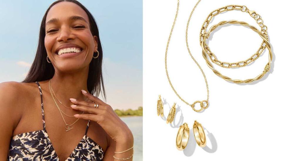 A woman smiles while wearing a gold ring, three gold necklaces and two gold bracelets. Right: A collection of yellow gold jewellery on a white background.