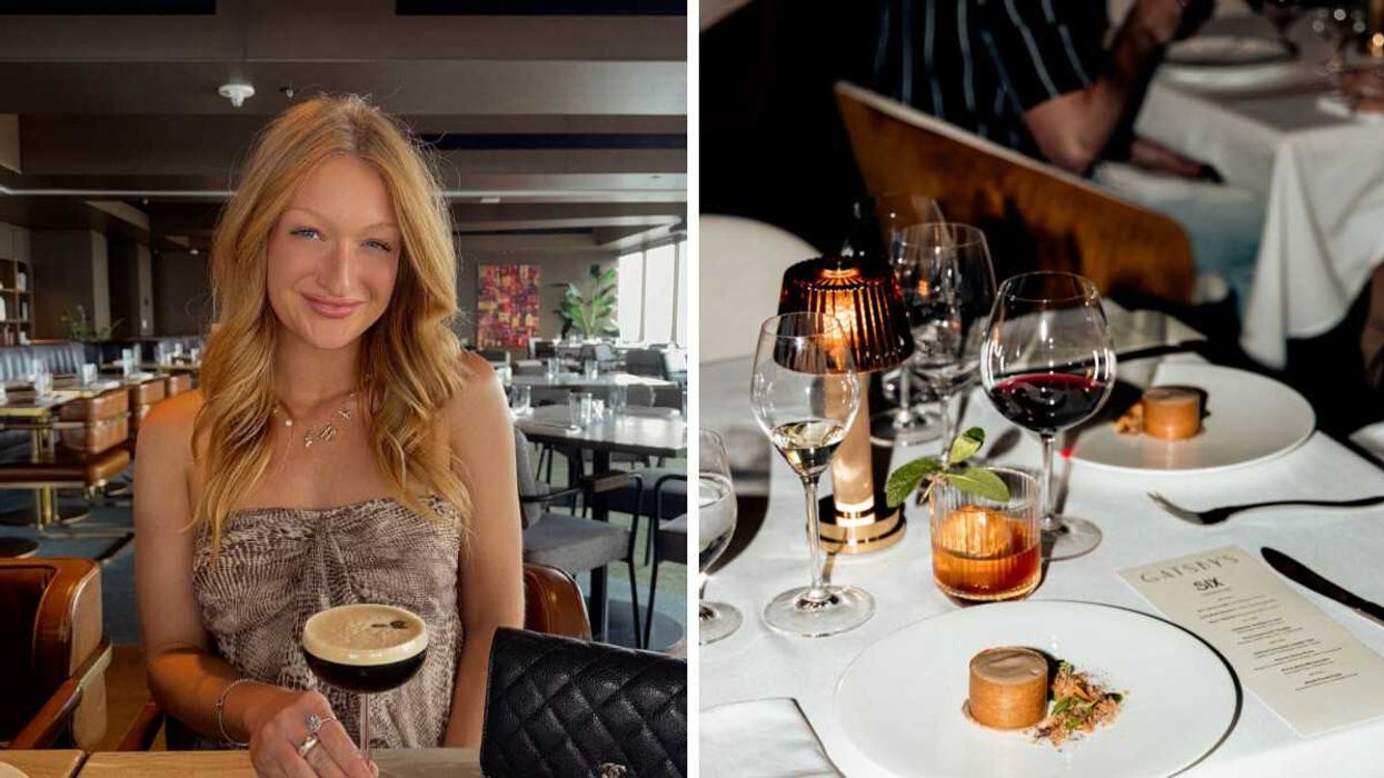 A woman smiles with a cocktail at Calgary's Major Tom. Right: An intimate table setting at Gatsby's, Calgary.