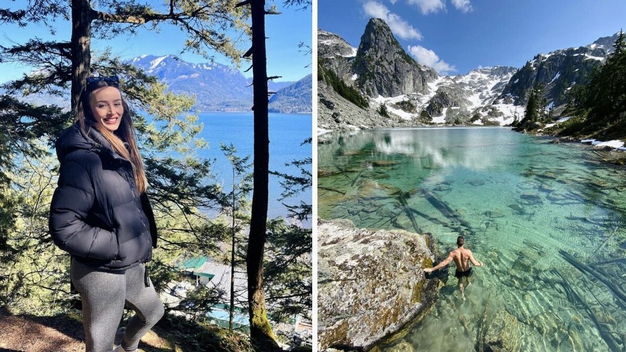 A woman smiles with a dreamy view behind her. Right: A man wades in the clear shores of Watersprite Lake in Squamish.