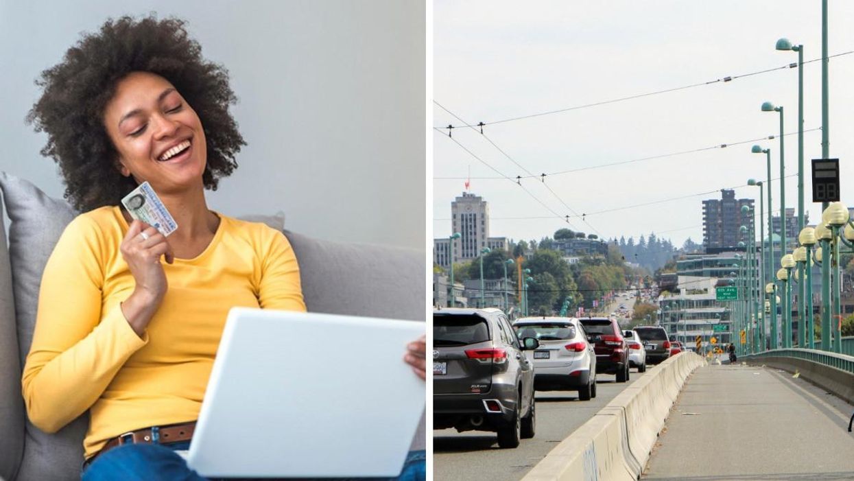 A woman smiling at her computer. Right: Cars driving in Vancouver.